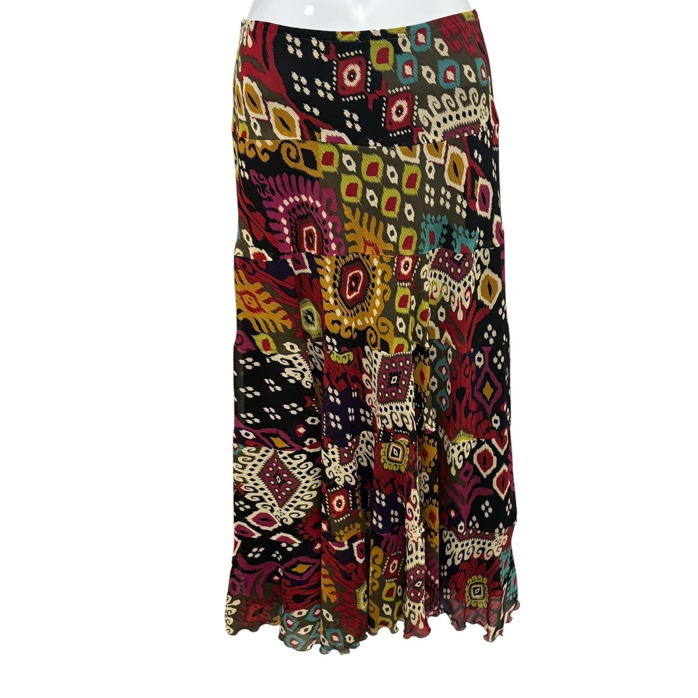 Ruby Rd Petite Womens 16P Ikat Patchwork Tiered Maxi Skirt Multicolor Boho Lined